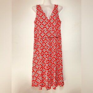 Boden Red/Orange Green Effie Jersey Midi Dress Pockets Stretch Size 12R Large